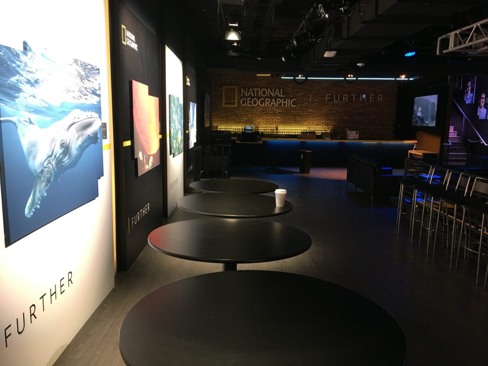 National Geographic exhibit with whale photo, round tables, and bar area.